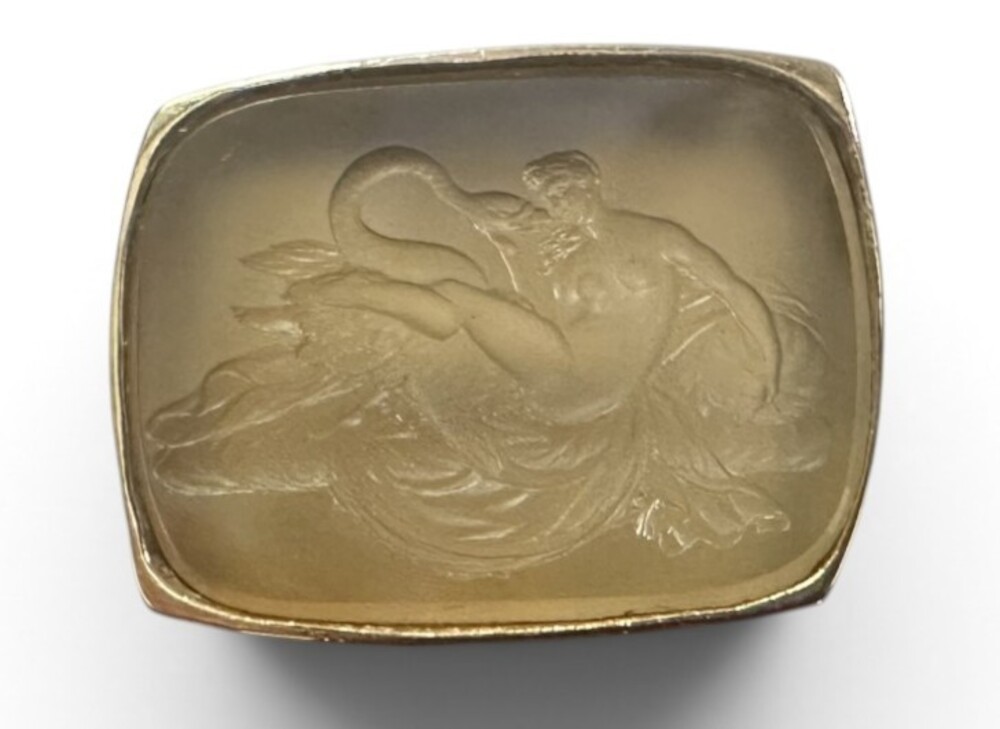 Vintage 14k Intaglio Ring Neoclassical Leda & The Swan Carved Agate Large Size 8